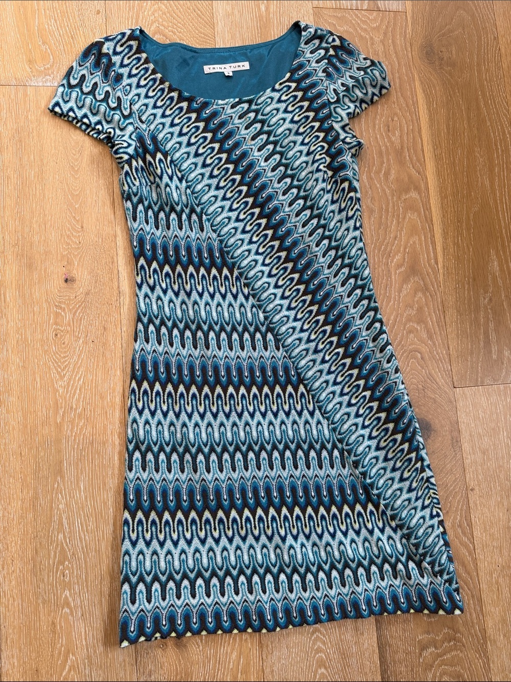 Trina Turk Teal Blue Wave Shift Dress Size 2